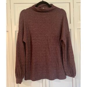 Three dots purple waffled puff sleeve funnel neck sweater